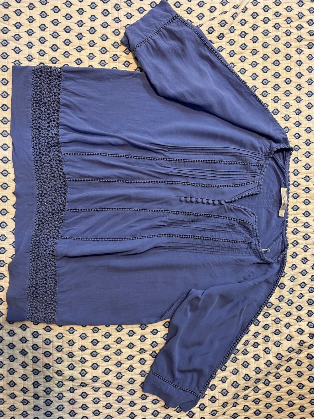 Women's wedgewood Blue Button-Front Peasant Blouse crochet stitch Solitaire 1X